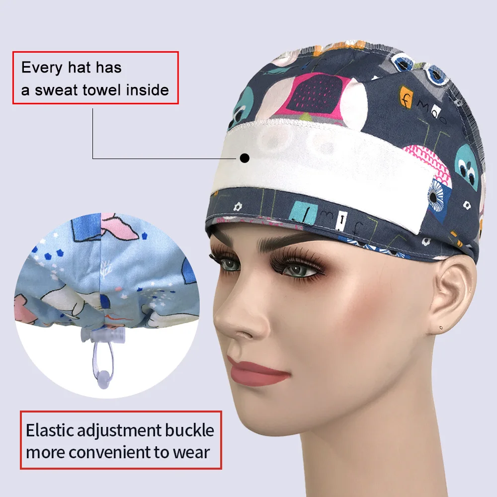 Work Hat Pet Grooming Scrub Women Sweat-absorbent Breathable Adjustable Elastic Buckle Cotton Floral Print medical scrub hats