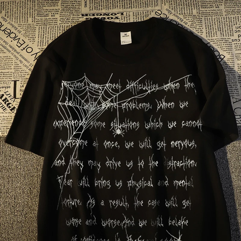 

Cotton American High Street Spider Letter Print Short Sleeved T-shirt For Men's Summer Hip-hop Women Oversize Half Sleeved Top