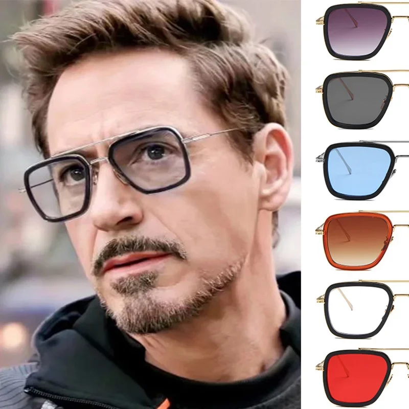 Square Frame Sunglasses Steam Punk Tony Stark Men Women Fashion Driving Unisex Metal Frame