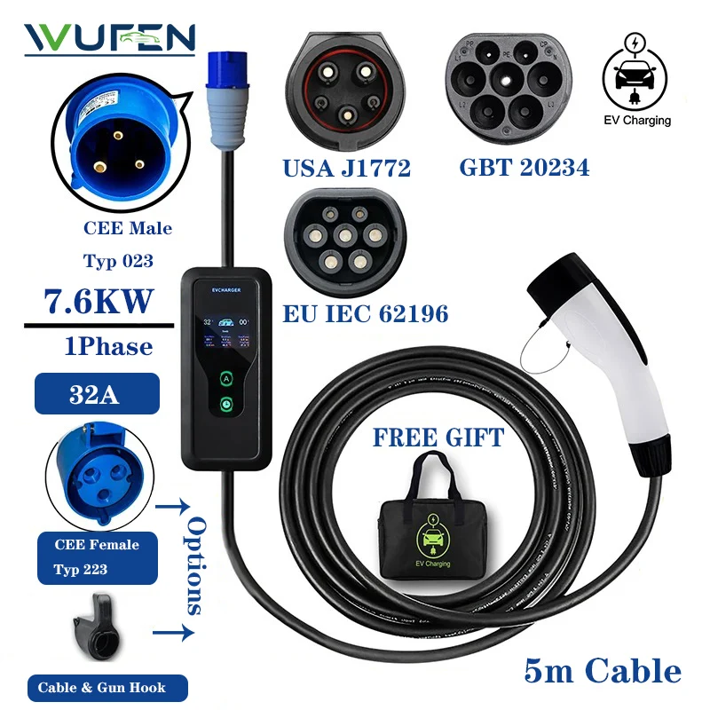 GBT 타입 1 타입 2 휴대용 EV 충전기, 7.6KW 충전 박스, 5M 케이블, EU CEE 플러그 IEC621962 전기 자동차 충전기, 자동차 액세서리