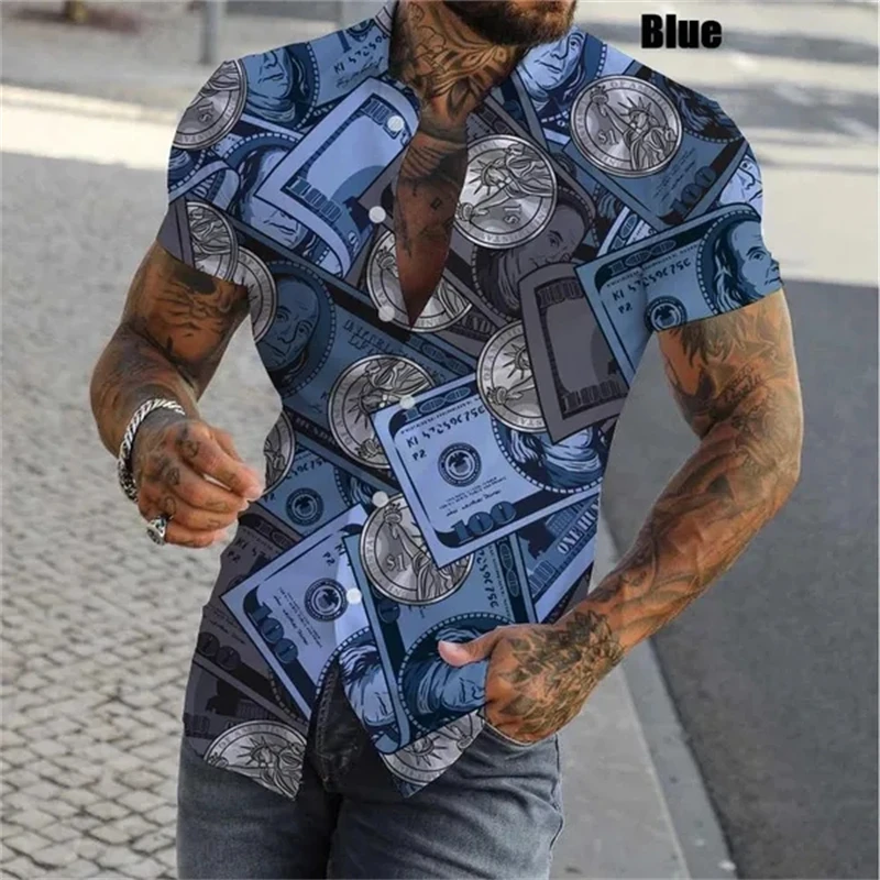 thumbnail image 1 of Camisas con estampado 3D de dólares para hombre, camisas casuales de verano de manga corta ajustadas con botones, blusas y tops para hombre, 1 of 4