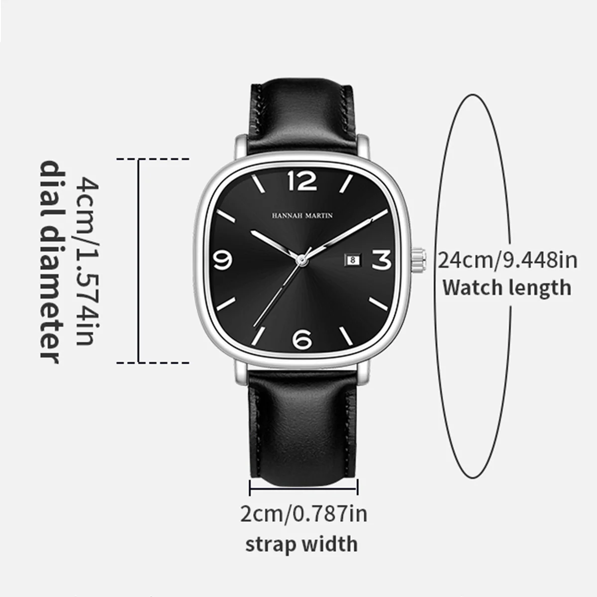Hannah Martin Top Brand Black Leather Watch Original Quartz Movement Casual Business Style Square Fashion Men's Gift Wrist Watch 3