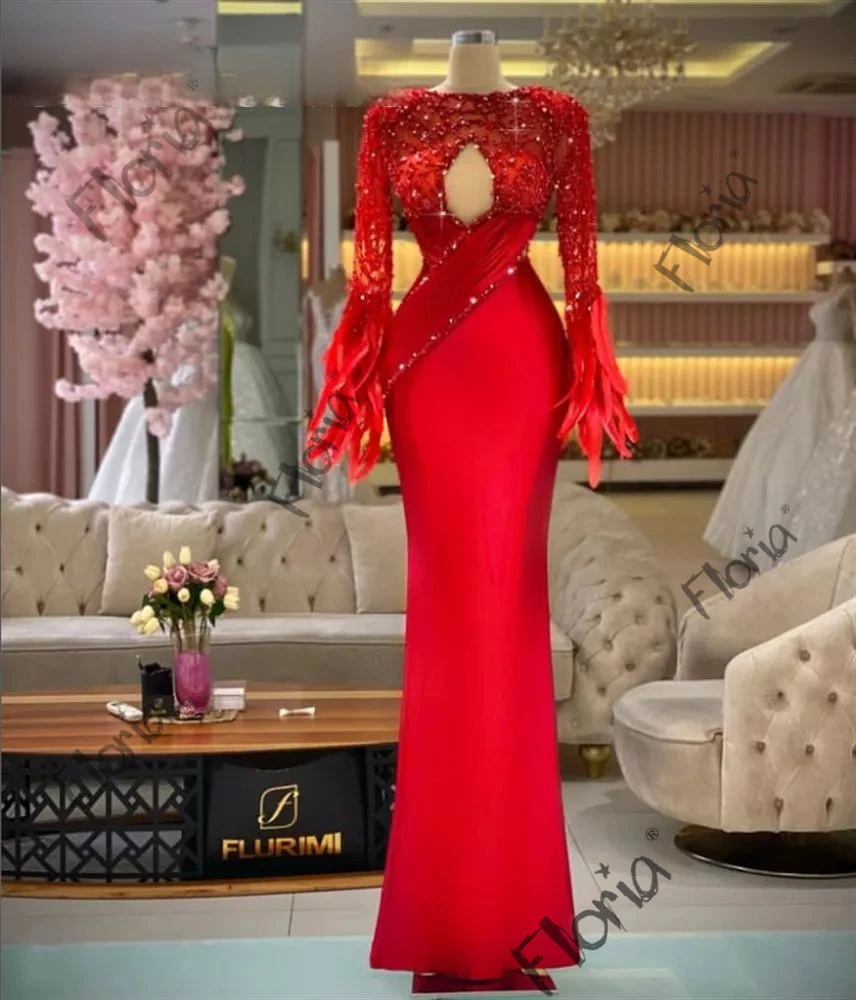 

Robes De Soirée Feather Long Sleeve Red Party Gowns Arabic O Neck Mermaid Beaded Evening Party Dresses Wedding Engagement Dress