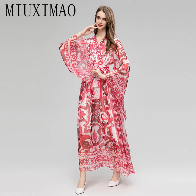 Фото MIUXIMAO 2023 осеннее платье с красным фарфоровым принтом Элегантное повседневное длинное платье с длинным рукавом Женские платья шифоновые пляжные платья с поясом №5