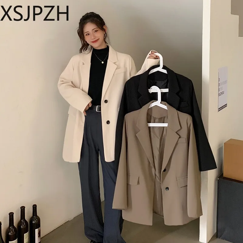 2024 New Vintage Long Sleeve Pockets Female Outerwear Chic Veste Femme Women Fashion Double Breasted Loose Fitting Blazer Coat