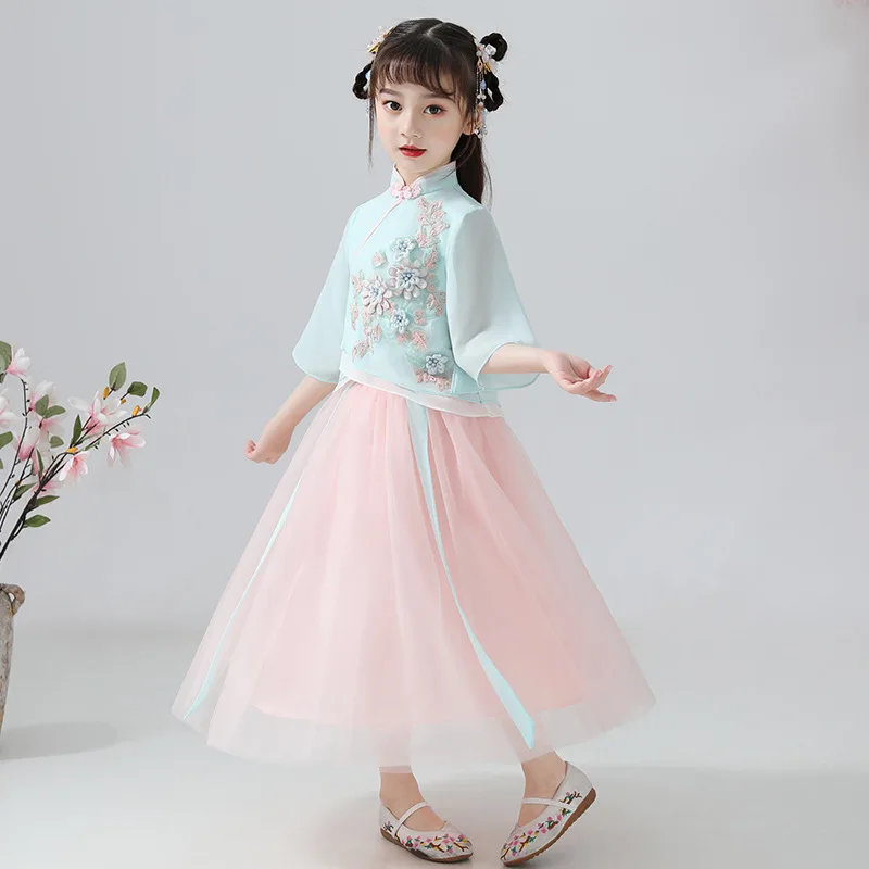 

Новый китайский милый костюм Тан для девочек на весну и лето, детский костюм ханьфу в старинном стиле, детские костюмы для косплея с вышивкой
