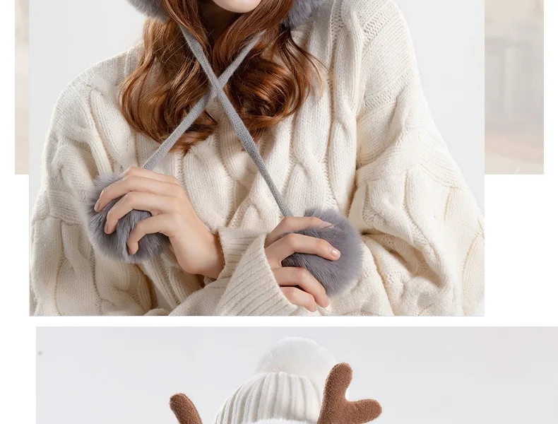 Cappelli invernali caldi lavorati a maglia, da donna, con corna di cervo, due palline, con paraorecchie, in peluche, spessi e soffici, in pelliccia_voghion.com