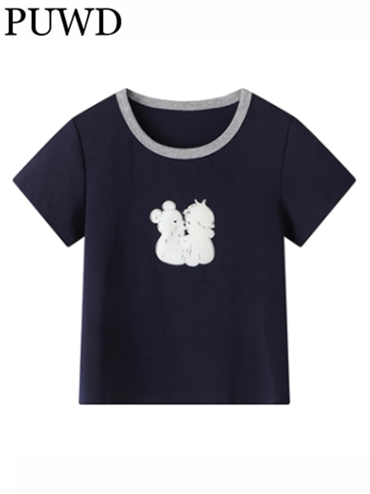 

PUWD Women Navy Cartoon Printed Short Tees 2023 Summer Fashion Ladies O Neck Short Sleeves Tees Women Slim Vintage Cotton Tops