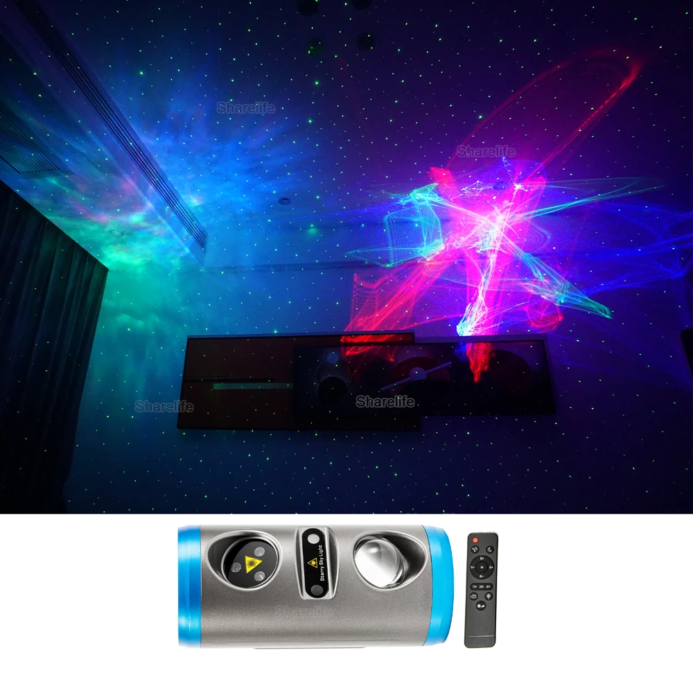 

Sharelife Rechargeable RGB Hypnotic Aurora Green Star Laser LED Starry Sky Lights Remote DJ Party Home Stage Lighting FBA