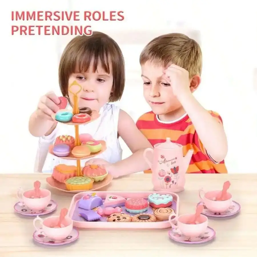 Little Girl Tea Party Set 42 pieces Kitchen Pretend to Play Tea Time Toy with Dessert Biscuits Donuts Pot Princess Gi