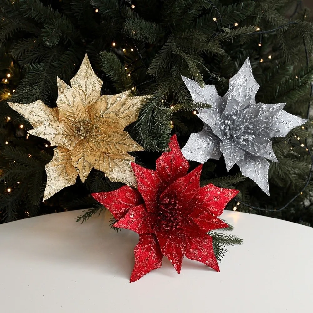 Artificial Poinsettia Flower Gold Red Glitter Christmas Decoration