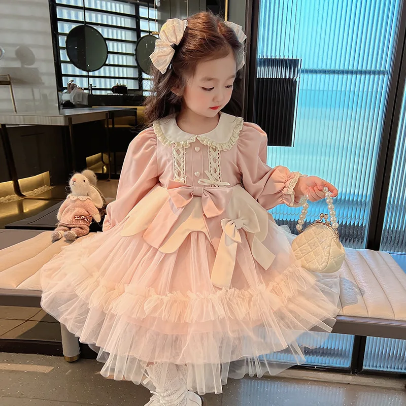 

Lolita Spring Autumn Girls Clothes 2024 New Children Princess Long Sleeve Pink Dress Bow Puffy Fashion Tulle Dresses For Kids