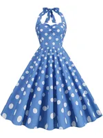 Casual Polka Dot Halter Summer Dresses Women Vintage Elegant Rockabilly Party Vestidos