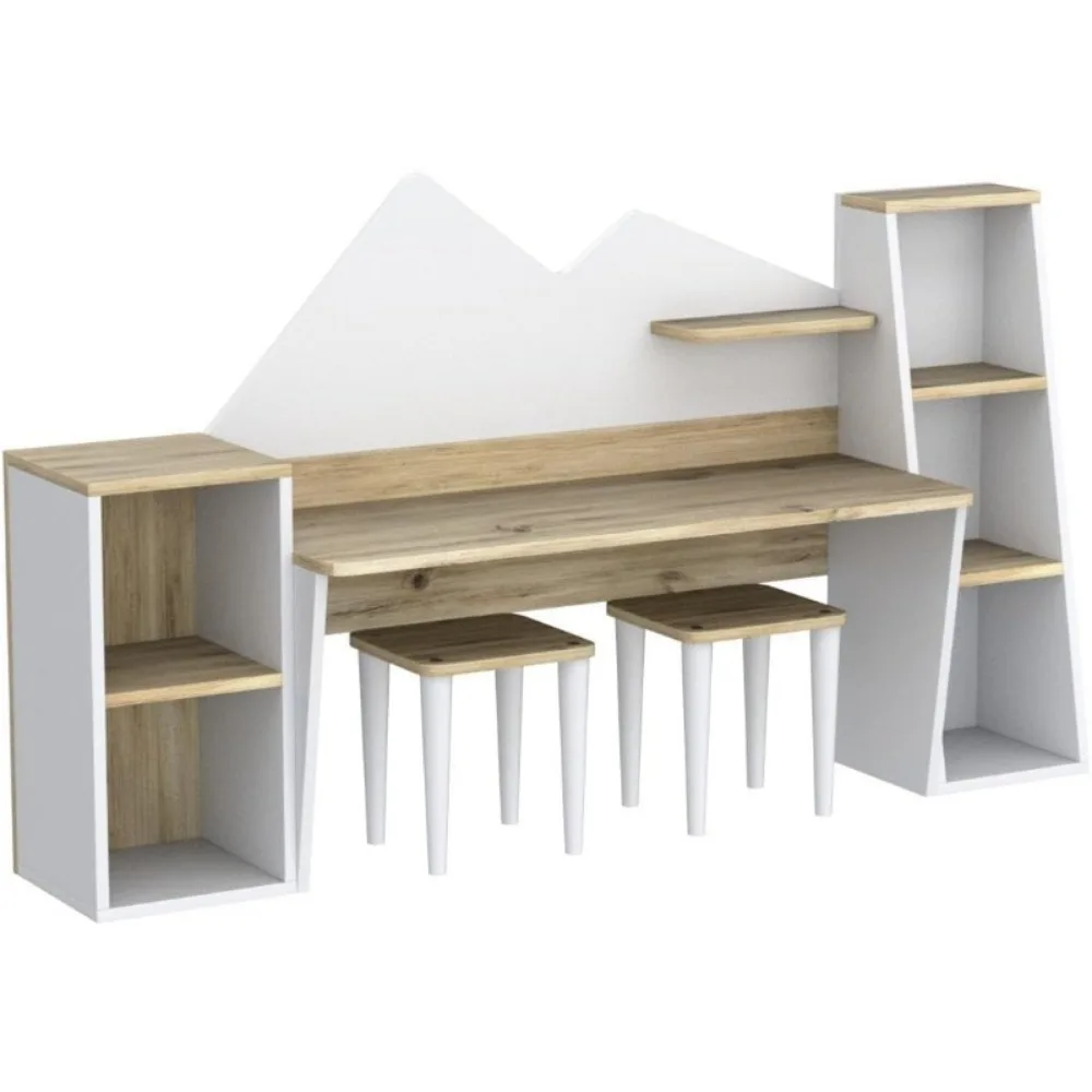 Kid's Study Desk with Bookshelf + Stools, Wooden Children Activity Table with Hutch and Shelves, Kids Bedroom Study Desk 5