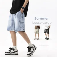Cargo Short Jeans Men Summer Pockets Shorts Elastic Waist Loose Straight High Street Wide Knee-length Short Denim Pants