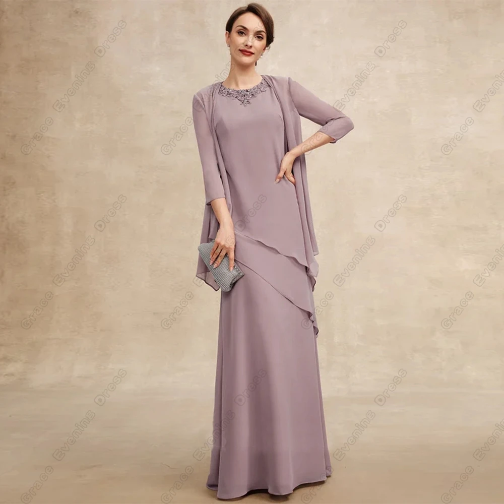 Modern Scoop Mother of Bride Dresses Lace Three Quarter Wedding Party Dresses Summer Beach Chiffon Robe De Soir&eacute;e