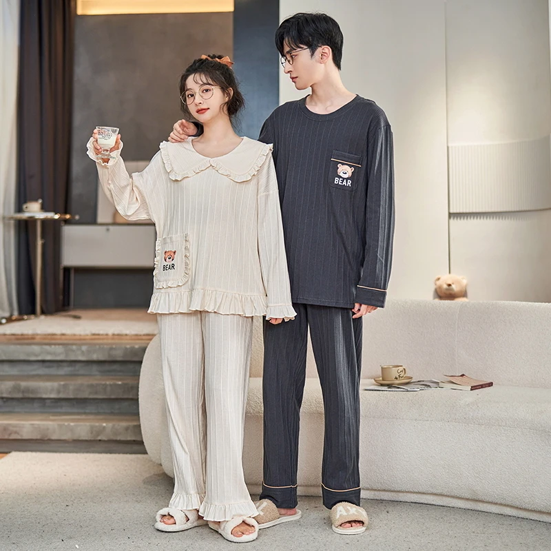 

Newest Lover Pajamas Set Cute Cartoon Women & Men Sleepwear 100% Cotton Couples Nightwear