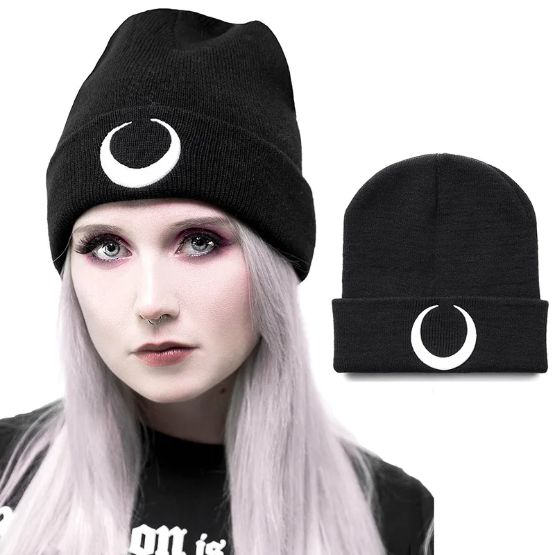 

New Autumn and Winter Fashionable Knitted Hats From Europe and America, Women's Flanged Acrylic Dark Moon Embroidered Warm Hats