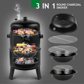 16 Inch Charcoal BBQ Smoker Grill,3-in-1 Portable Vertical Grill Cooker with Built-in Thermometers & Adjustable Vent Systems 5