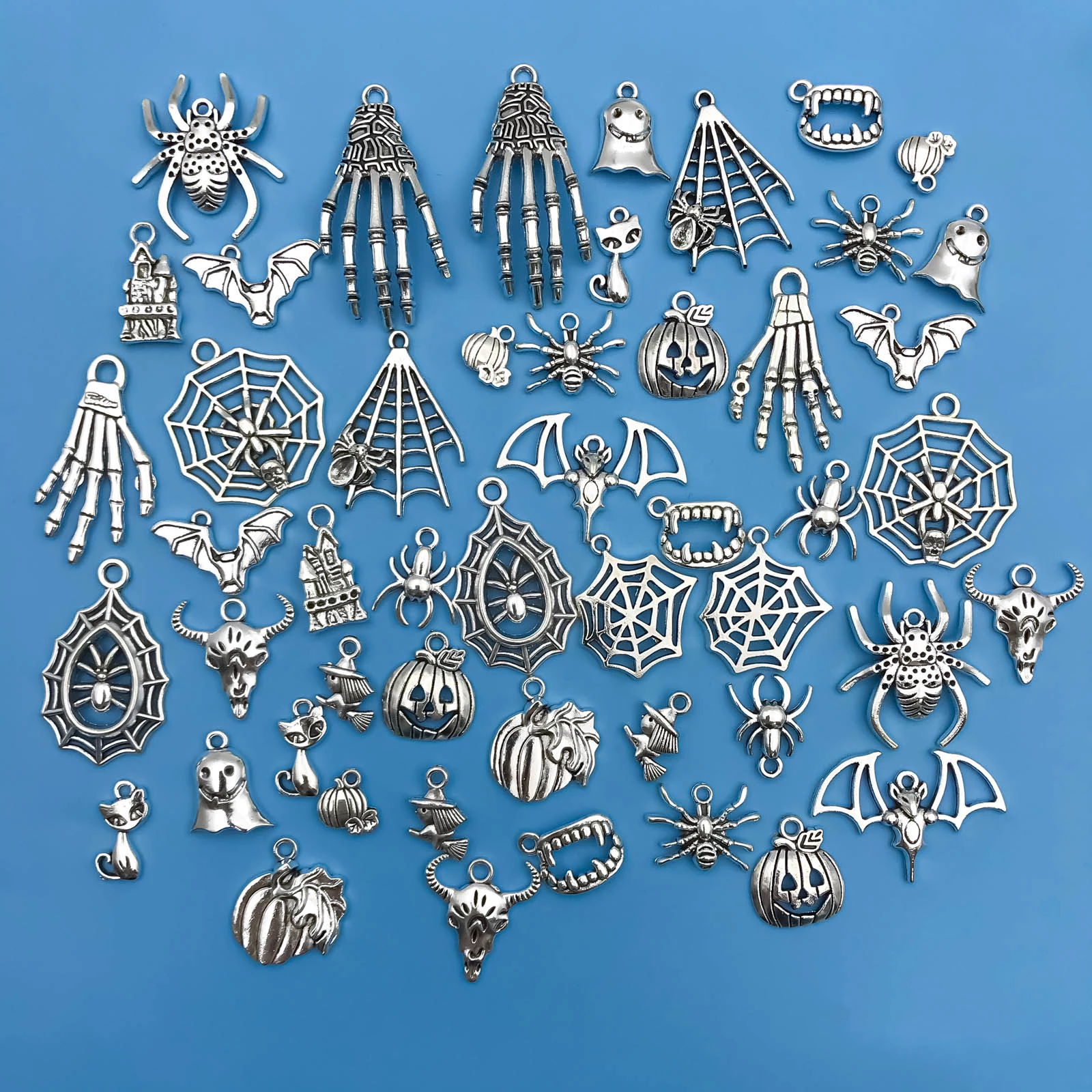 50 Stück/Set Zinklegierung Silbrig Halloween Serie Charms Anhänger für DIY Halskette Armband Ohrringe Schmuck handgefertigt