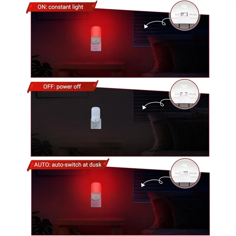 2팩 670Nm 레드 라이트 수면등, 황혼에서 새벽까지 작동하는 센서 포함, LED 야간 조명, EU 플러그 벽면 콘센트 연결