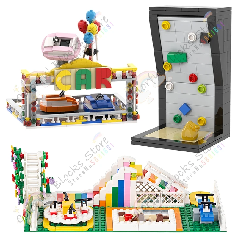 City Series Amusement Park Project MOC Building Blocks Climbing Wall Bumper Car Slide Picnic Scene Bricks Assembly Toys For Kids