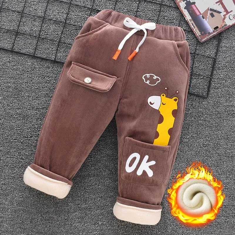 Winter Kids Pants 0-7Y Children Clothing Autumn Baby Girl Plus Velvet Leggings Boys Embroidery Cartoon Thick Warm Trousers