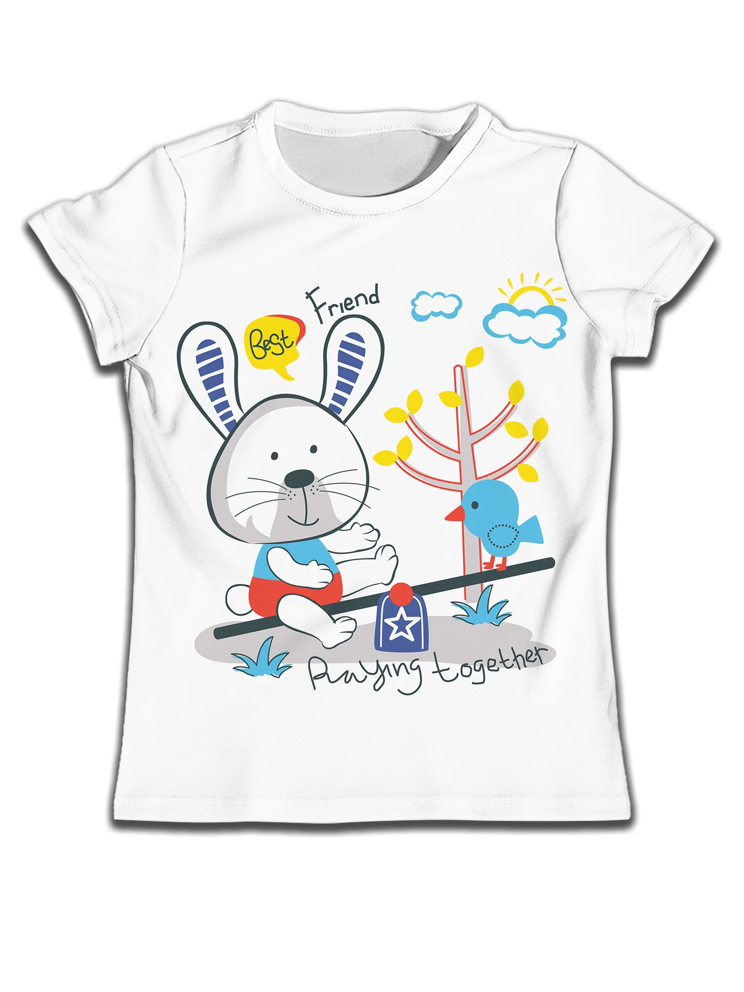 

Cartoon Clothes for Children 3-14Years Old Boys T Shirts Kid Boys Fun Rabbits Bird Play Seesaw Board Top Girl White Short Sleeve