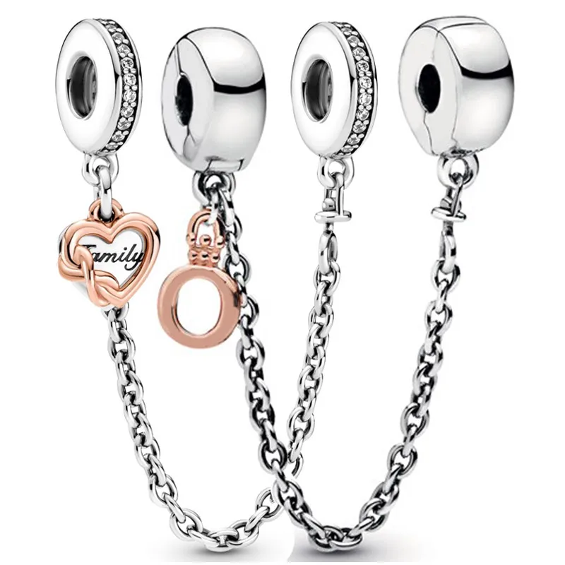 

Original Rose Dangling Bowknot Family Heart Safety Chain Bead 925 Sterling Silver Charm Fit Fashion Bracelet Diy Jewelry