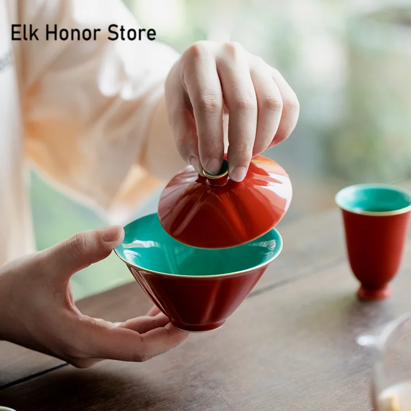 110ml Retro Palace Museum Red Ceramic Tea Tureen Bamboo Hat Non Hot Cover Bowl Chinese Tea Maker Gaiwan Ceremony Set