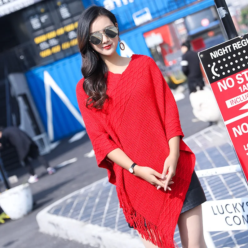 European American Autumn Winter Fashion Leisure Tassel Knitted Shawl Sweater Shawl Women Winter Lady Cloak Red