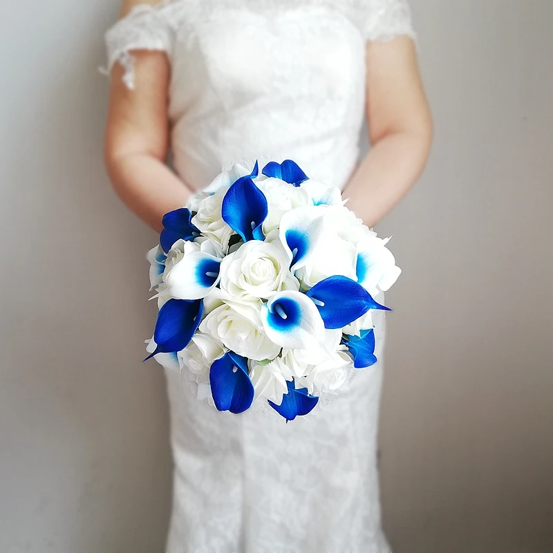 Royal Blue Calla Lilies with Ivory Rose Round Bridal Bouquet Wedding flowers Bridesmaid Bouquet
