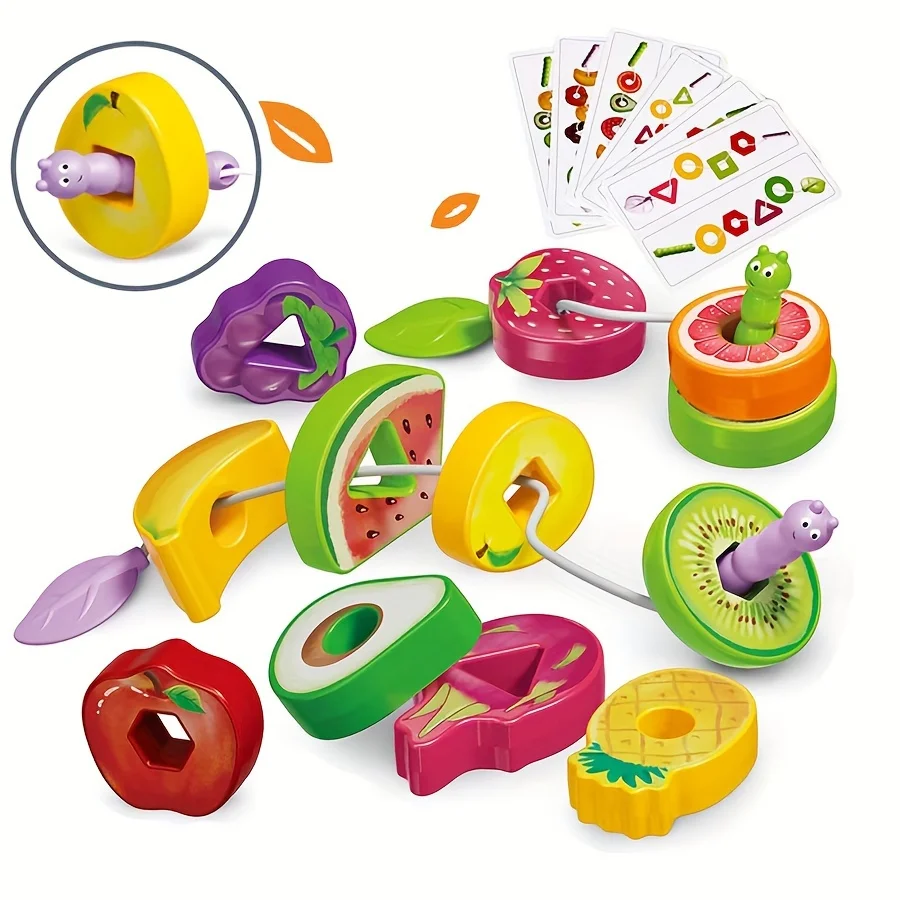 Wooden Animals Caterpillar Eat Fruits String Threading Beads Montessori Toddler Preschool Activities Lacing Toys for Kids 4
