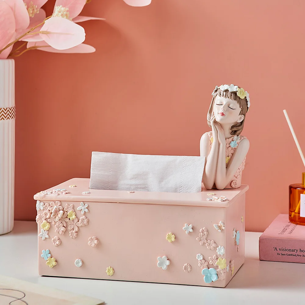 

Modern Lovely Resin Tissue Box Pink Flower Girl Tissue Box Desktop Candy Nut Storage Girls Room Decor Accessories Tissue Holder
