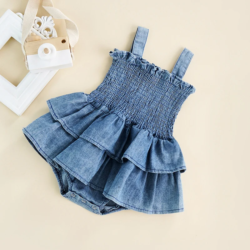 Baby Summer Clothes Girl Denim Romper Sleeveless Suspender Pleated Design Ruffle Hem Bottom Snap Button Cute Jumpsuit 3