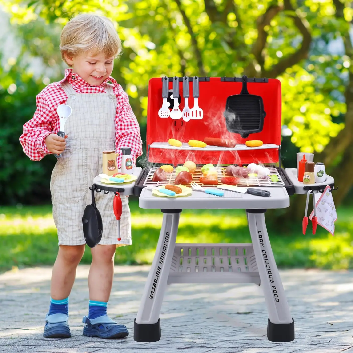 CUTE STONE Children's BBQ Grill Toy, Kitchen Playset, Realistic Smoke BBQ Grill Playset with Toy Kitchen Accessories. 3