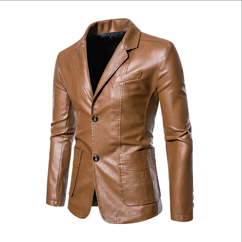 Leather Jackets New Men Business Casual Leather Jacket Black / khaki Fashion Male Suit Collar Coats Large Size 5XL Slim Fit Top