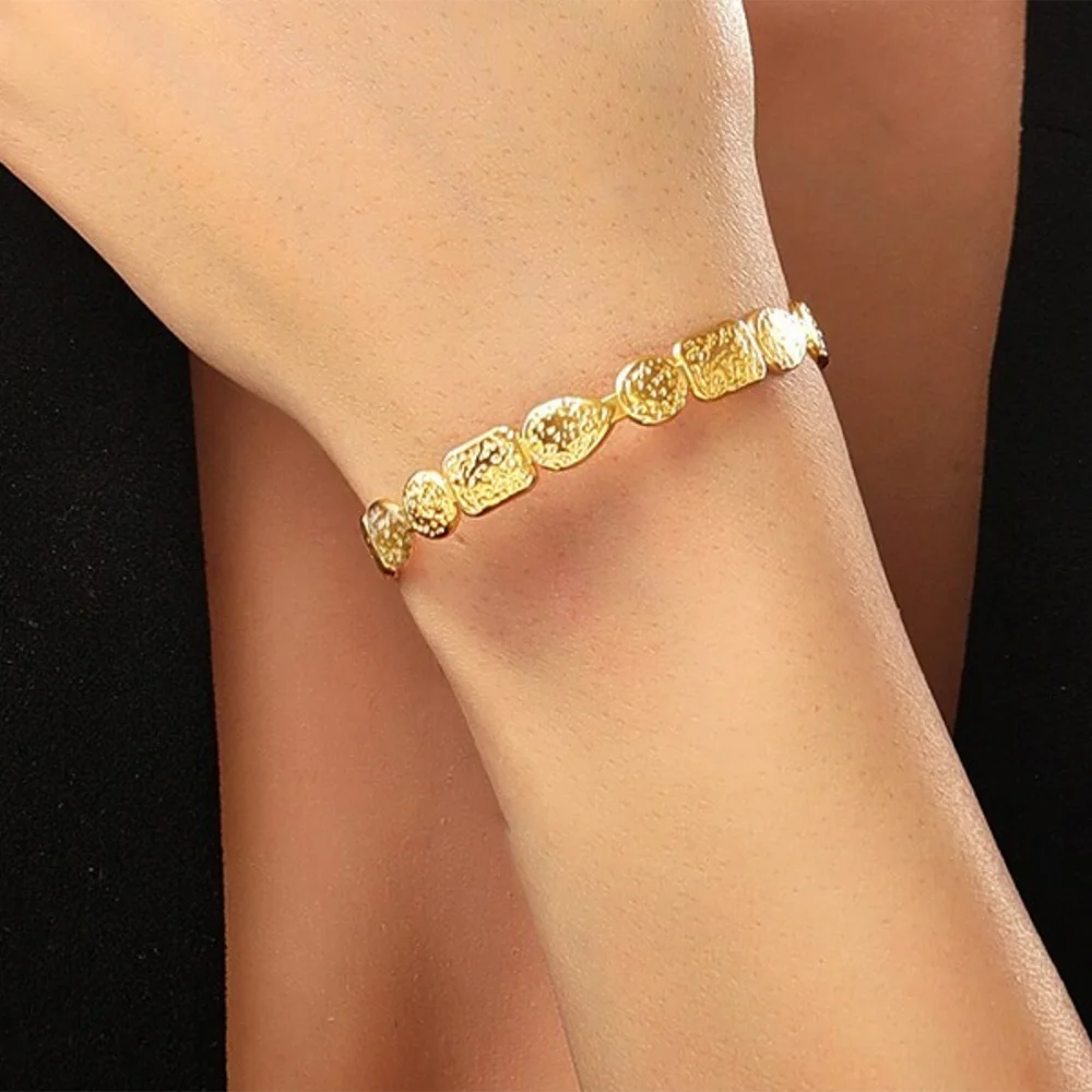 Stylish Gold Plated Stainless Steel Geometric Hammered Eeffect Open Bangle Unique Women Waterproof Jewelry 2