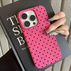 Vintage Black Polka Dot Lychee Soft Phone Case Cover - iPhone 15 (Rose Red)