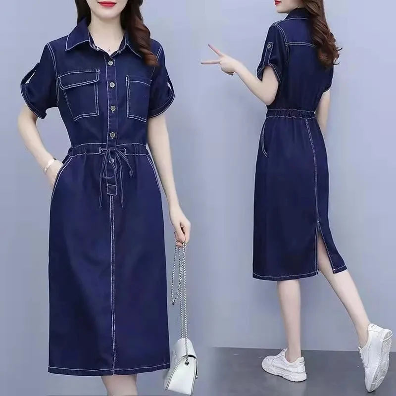 

Denim Dress Womens 2024 Spring Autumn New Korean Fashion Casual Dress Women Loose Thin Long Short-Sleeve Pullover Jeans Dresses