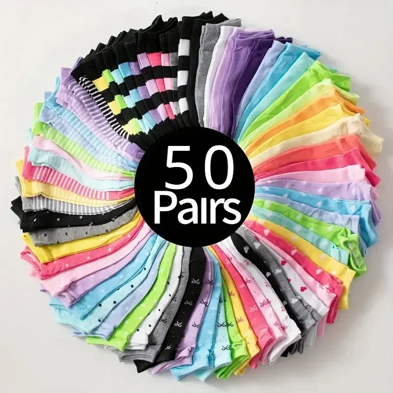 10/50/100Pairs Heart Print Socks Valentine's Day Candy Colored Ankle Socks Women's Stockings & Hosiery