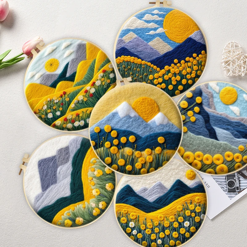 CHENISTORY Funny Diy Needle Felting Wool Painting Scenery Needle Felting Supplies DIY Flowers Embroidery Kit Creative Wool Needl