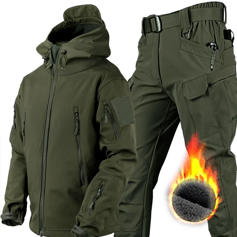 Winter Waterproof Tactical Jackets Sets Men Outdoor Soft Shell Hiking Hunting Jacket Suit Fleece Cargo Pant Tracksuits 2