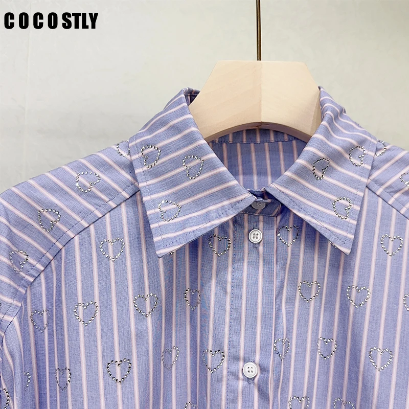 

COCOSTLY 2024 Spring New Women Heart Shape Hot Diamond Blue Striped Shirt Turn-Down Collar Blouses Commute Tops Fashion Chic