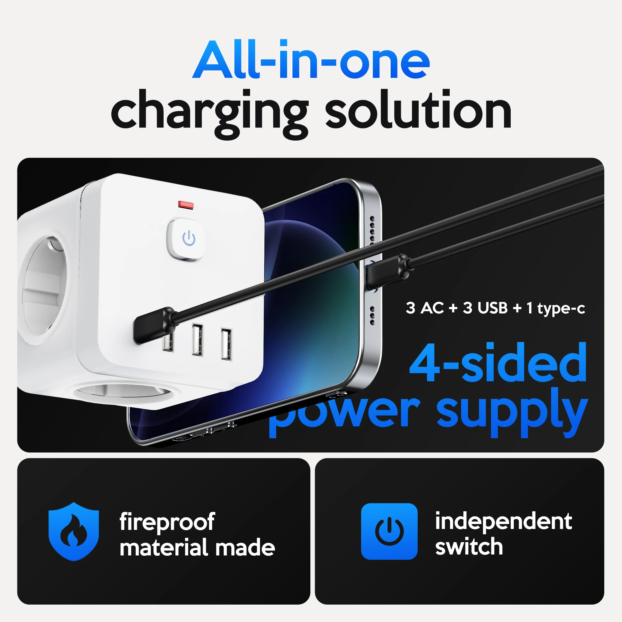 USB 포트 3개, Type-C 포트 1개, AC 소켓 3개, 서지 방지 다기능 여행용 충전기를 갖춘 7-in-1 유럽 전원 확장기