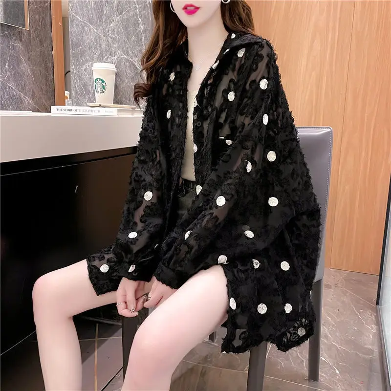 Woman Sun Protection Jacket Female Waterproof Ice Silk Hooded Coat for Female Dot Print Summer Air Conditioning Coats Shirt G89