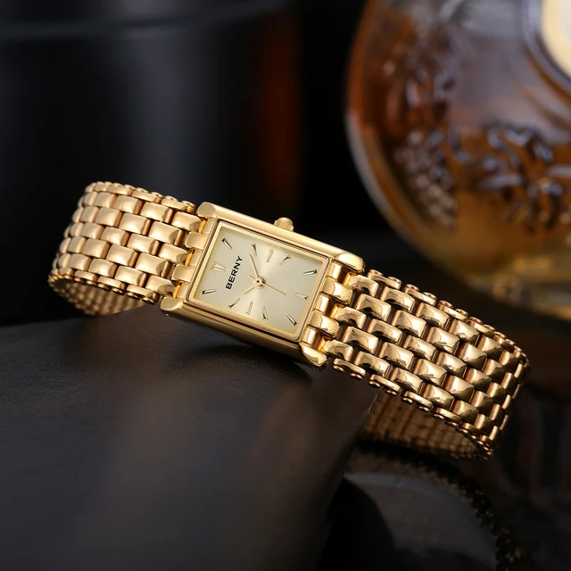 Berny Gold Uhr für Frauen quadratische Damen Quarz Armbanduhren Edelstahl  Damen kleine Golduhr Luxus Casual Fashion Uhr