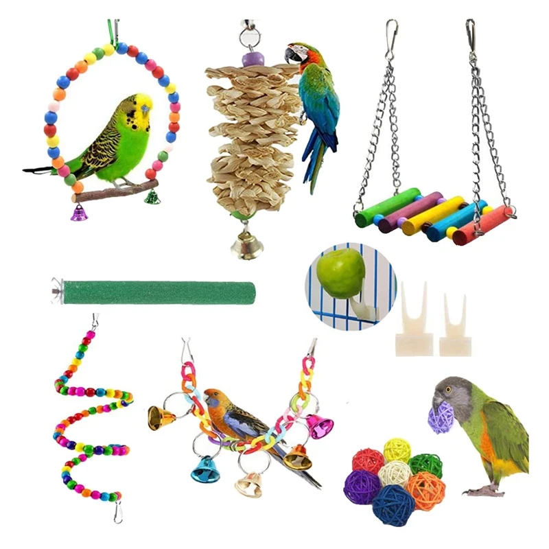 15 Pack Bird Parrot Swing Chewing Toys,Hanging Bell Birds Cage Toys