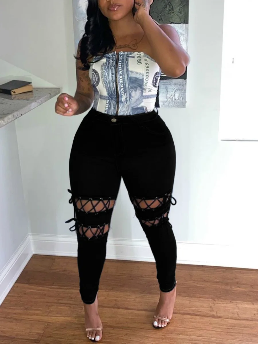 2024 New Arrivals Women Lace-up  Jeans Holes Hollow Out Fashion Large Jeans Streetwear High Waist Skinny Denim Pencil Pants