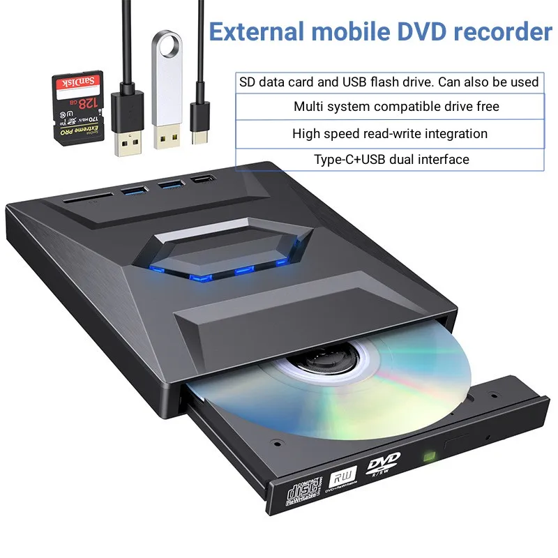 External DVD Drive, USB 3.0 Type-C CD DVD +/-RW Optical Drive USB C Burner  Slim CD/DVD ROM Rewriter Writer Reader Portable with 4 USB3.0 Ports and TF